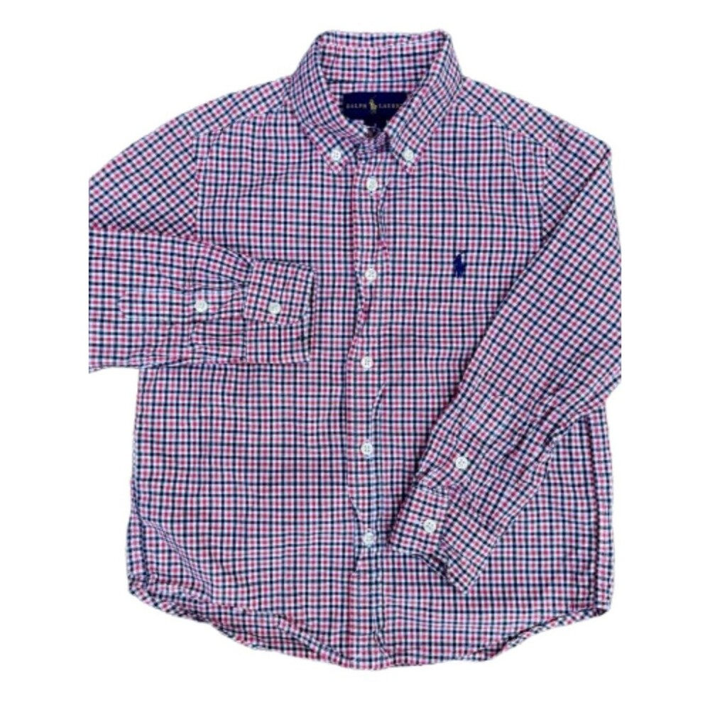 Ralph Lauren Button Down Shirt Boys Size 5 Red Navy Gingham Check Long Sleeve
